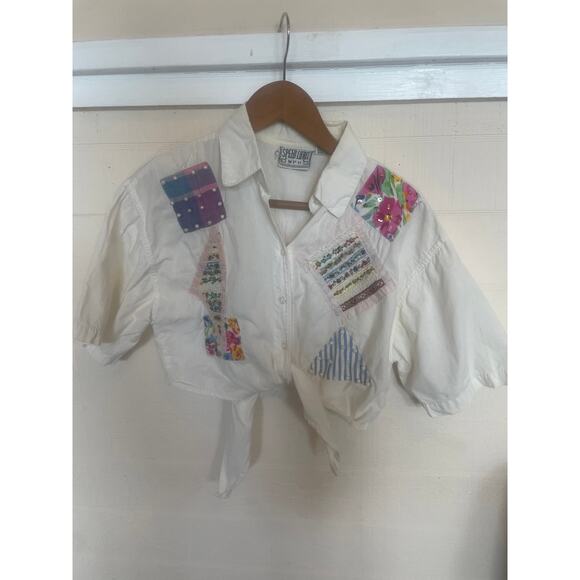 VINTAGE 90's Short Sleeve Top w Patches Granny Cottage Cat Lady  Medium / M - Picture 3 of 9